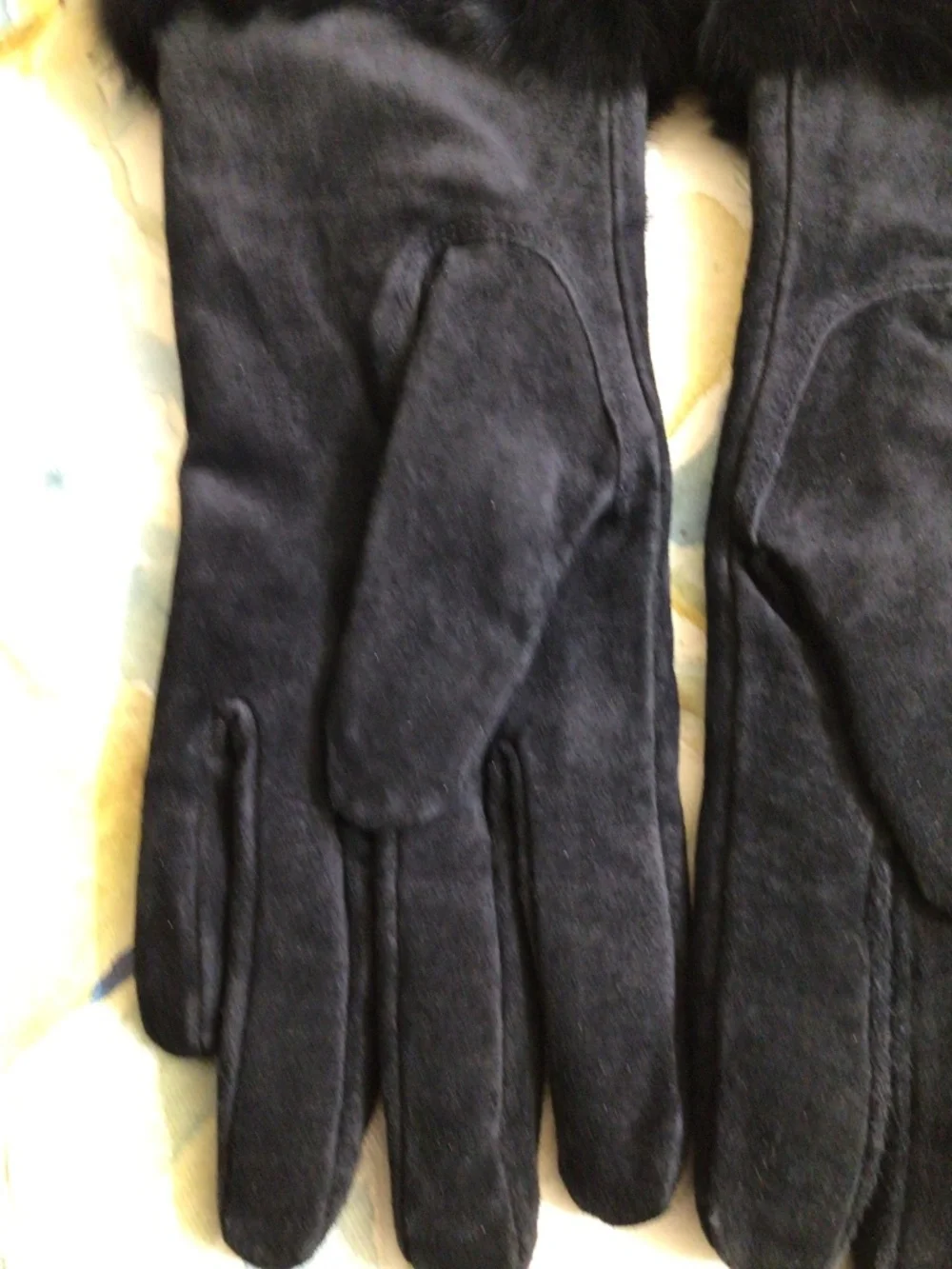 Genuine Suede Leather Black Women’s Gloves with Rabbit Fur Cuffs Size M